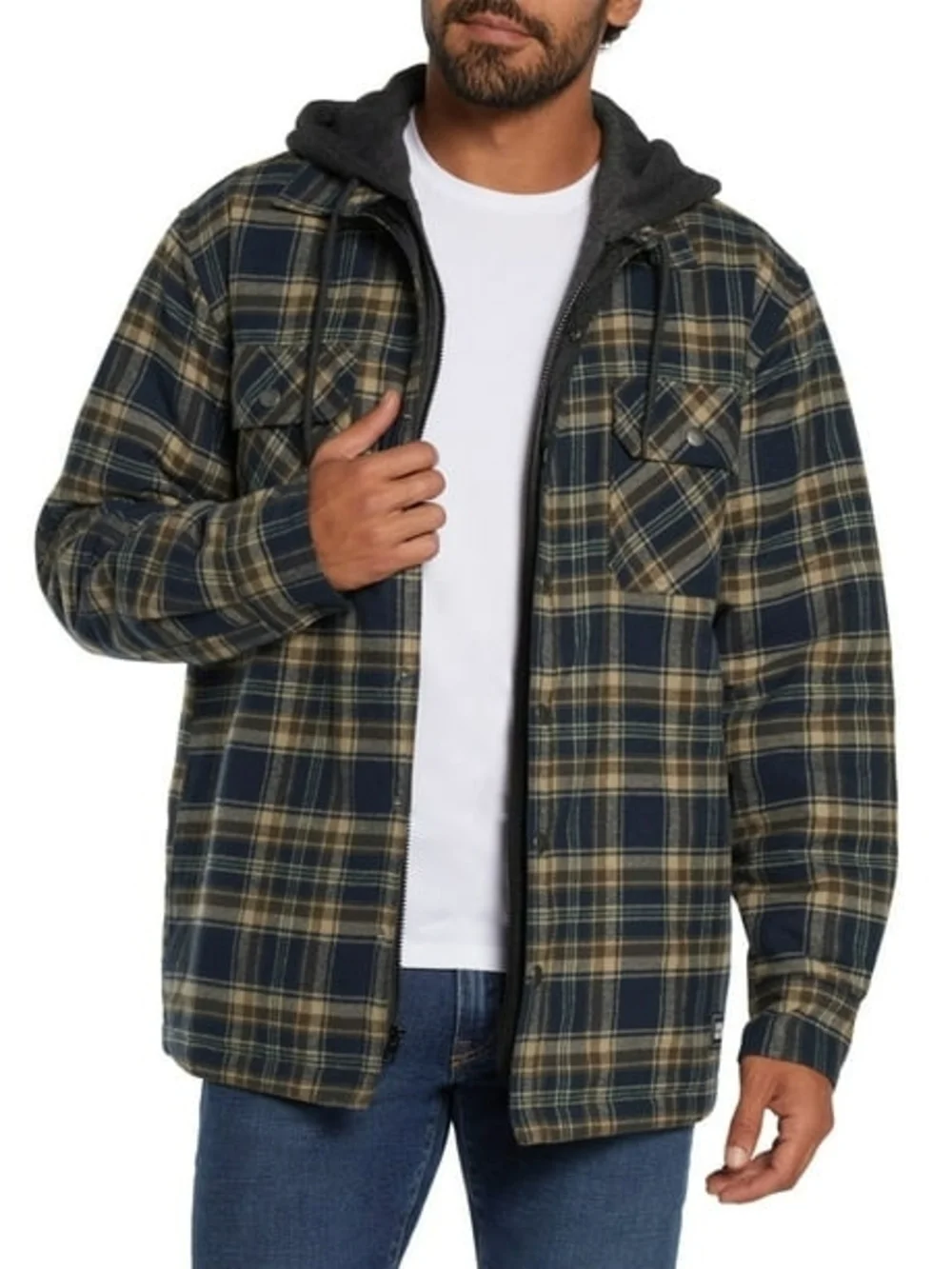 Eddie Bauer Navy and Olive Plaid Hooded Shacket
